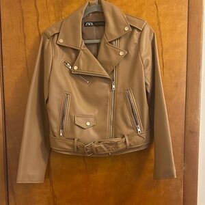 Zara Women's Camel Faux Leather Biker Jacket